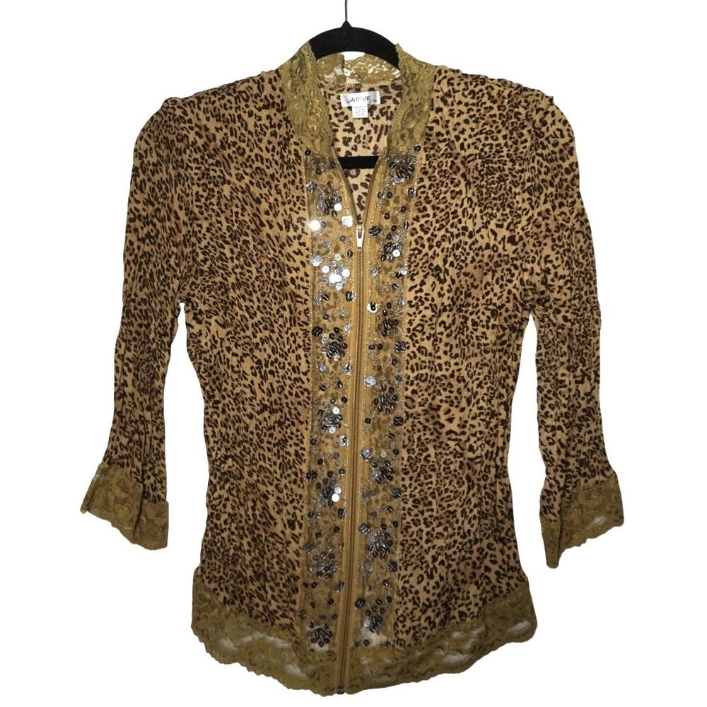 Juniper Y2K Leopard Animal Print Long Sleeve Blouse Zipper Sequin Size S